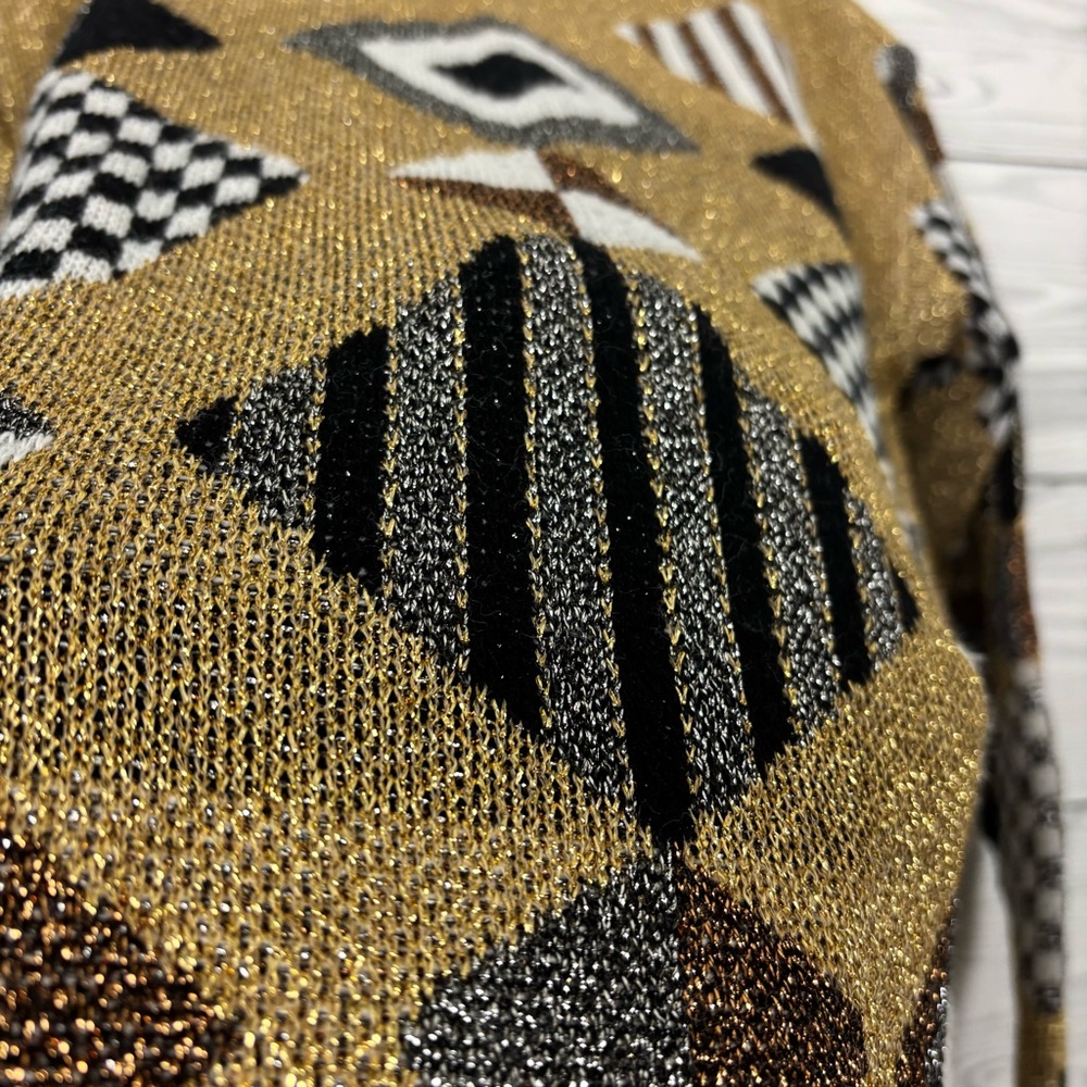 Vintage 90’s Beldoch Popper Geometric Print Gold Acrylic Sweater Size Medium - Picture 7 of 10